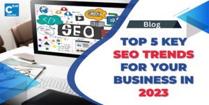 A banner image for a blog showing the Top 5 Key trends in SEO using a google search bar for depicting a search engine